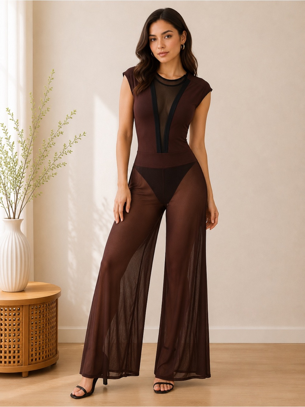 Cleo Sheer Mesh Wide Leg Jumpsuit Brown/Black XS